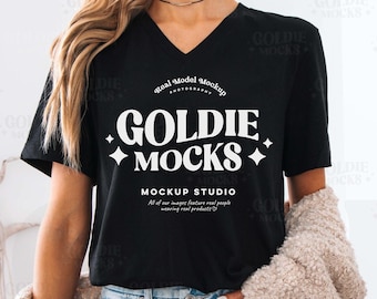 Bella Canvas 3005 Black Vneck Tshirt Mockup | BC 3005 Black V-Neck Shirt Mock-up | Real Model Mock | Trendy Cozy Casual Neutral Aesthetic