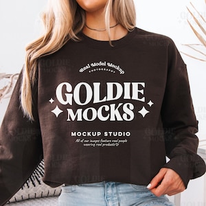 Gildan 18000 Dark Chocolate Sweatshirt Mockup | G180 Brown Crewneck Sweatshirt Mock-up | Real Model Mock | Trendy Casual Neutral Aesthetic