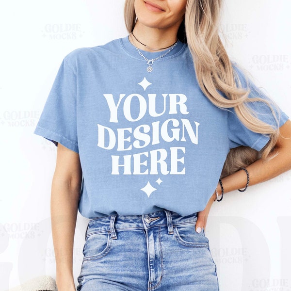 Comfort Colors C1717 Washed Denim Shirt Mockup | CC 1717 Blue T-shirt Mock-up | Real Model Mock | Simple Minimal Neutral Aesthetic Tshirt