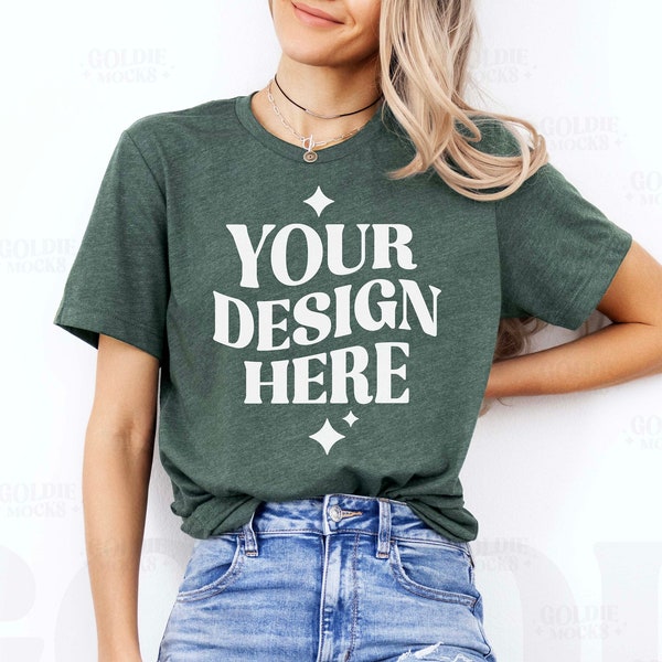 Bella Canvas 3001 Heather Forest Tshirt Mockup | 3001 Heather Forest Green T-shirt Mockup | Real Model Mock | Simple Neutral Trendy Shirt