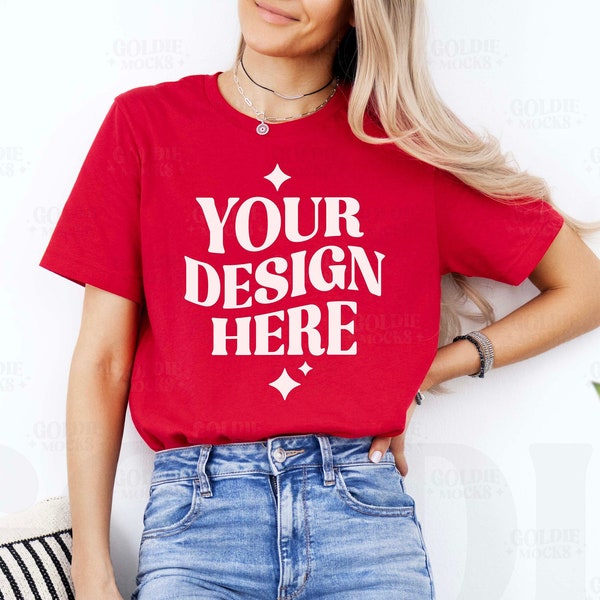 Bella Canvas 3001 Red Tshirt Mockup | 3001 Red T-shirt Mockup | Real Model Mock | Simple Neutral Trendy Minimal Casual Aesthetic Tee Shirt