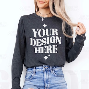 Bella Canvas 3501 Dark Grey Heather Long Sleeve Shirt Mockup | 3501 Grey Longsleeve Shirt Mock-up | Real Model Mock | Simple Minimal Neutral