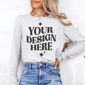 Bella Canvas 3501 Ash Long Sleeve Shirt Mockup | 3501 Ash Longsleeve Shirt Mock-up | Real Model Mock | Simple Minimal Neutral Spring Summer