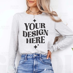 Bella Canvas 3501 Ash Long Sleeve Shirt Mockup 3501 Ash Longsleeve Shirt Mock-up Real Model Mock Simple Minimal Neutral Spring Summer zdjęcie 1