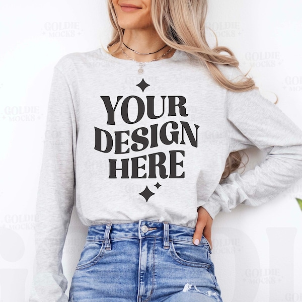 Bella Canvas 3501 Ash Long Sleeve Shirt Mockup | 3501 Ash Longsleeve Shirt Mock-up | Real Model Mock | Simple Minimal Neutral Spring Summer