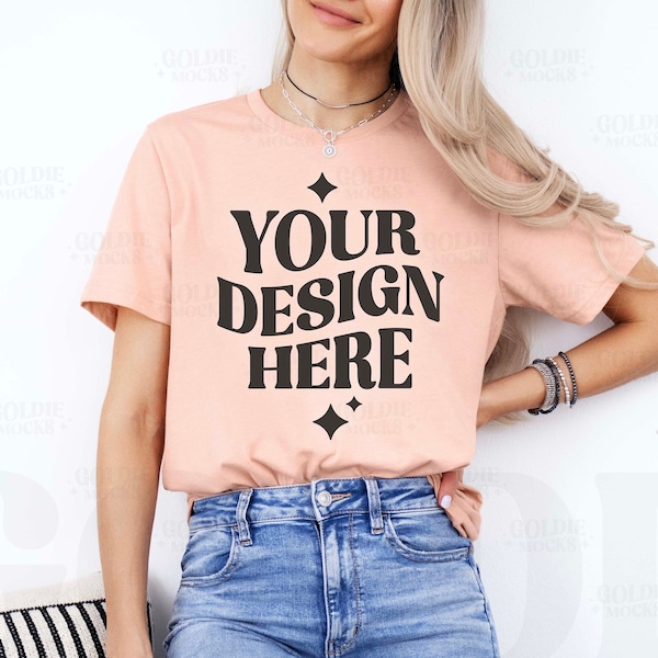 Bella Canvas 3001 Heather Peach Tshirt Mockup | 3001 Heather Peach T-shirt Mockup | Real Model Mock | Simple Neutral Trendy Minimal  Shirt