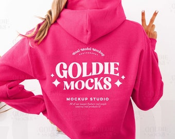 Gildan 18500 Heliconia Pink Hoodie Back Mockup | Back View G185 Pink Hooded Sweatshirt Mock-up | Real Model Mock | Neutral Minimal Aesthetic