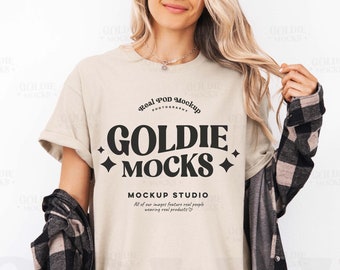 Gildan 5000 Sand Tshirt Mockup | Long G500 Sand Beige Tan T-shirt Mockup | Real Model Mock | Simple Styled Trendy Fall Aesthetic Shirt