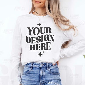 Bella Canvas 3501 Weißes Langarm-Shirt Mockup | 3501 Weißes Langarm-Shirt Mock-up | Echtes Modell Mock | Einfache Minimal neutrale lässig