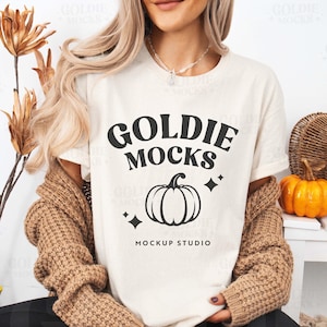 Gildan 5000 Natural Tshirt Mockup | G500 Natural T-shirt Fall Mockup | Real Model Mock | Casual Cozy  Fall Trendy Halloween Aesthetic Tshirt