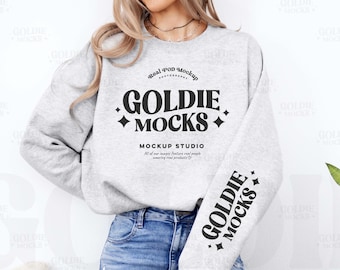 Gildan 18000 Ash Sweatshirt Sleeve Mockup | G180 Light Grey Crewneck Sleeve Mock-up | Real Model Mock | Simple Minimal Neutral Background