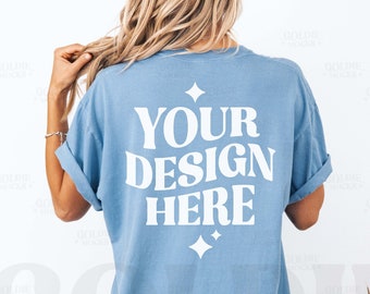 Comfort Colors C1717 Washed Denim Shirt Back Mockup | Back of 1717 Blue T-shirt Mock-up | Real Model Mock | Minimal Untucked Tee Back View