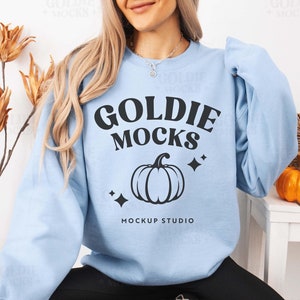 Gildan 18000 Light Blue Sweatshirt Mockup | G180 Blue Crewneck Fall Mockup | Real Model Mock | Cozy Casual Fall Trendy Aesthetic Sweater