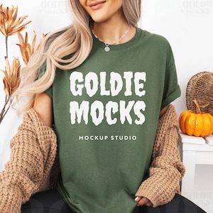 Gildan 5000 Military Green Tshirt Mockup | G500 Green T-shirt Fall Mockup | Real Model Mock | Styled Fall Trendy Halloween Aesthetic Tee