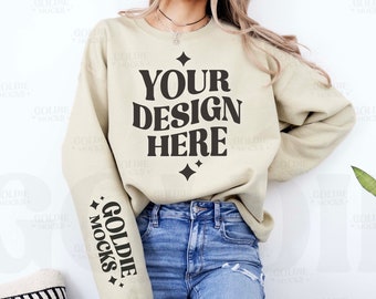 Gildan 18000 Sand Sweatshirt Sleeve Mockup | G180 Sand Crewneck Sleeve Mock-up | Real Model Mock | Gildan 180 Beige Tan | Simple Minimal