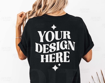 Comfort Colors C1717 Black Shirt Back Mockup | Back of 1717 Black T-shirt Mock-up | Real Model Mock | Minimal Long Untucked Tshirt Back View