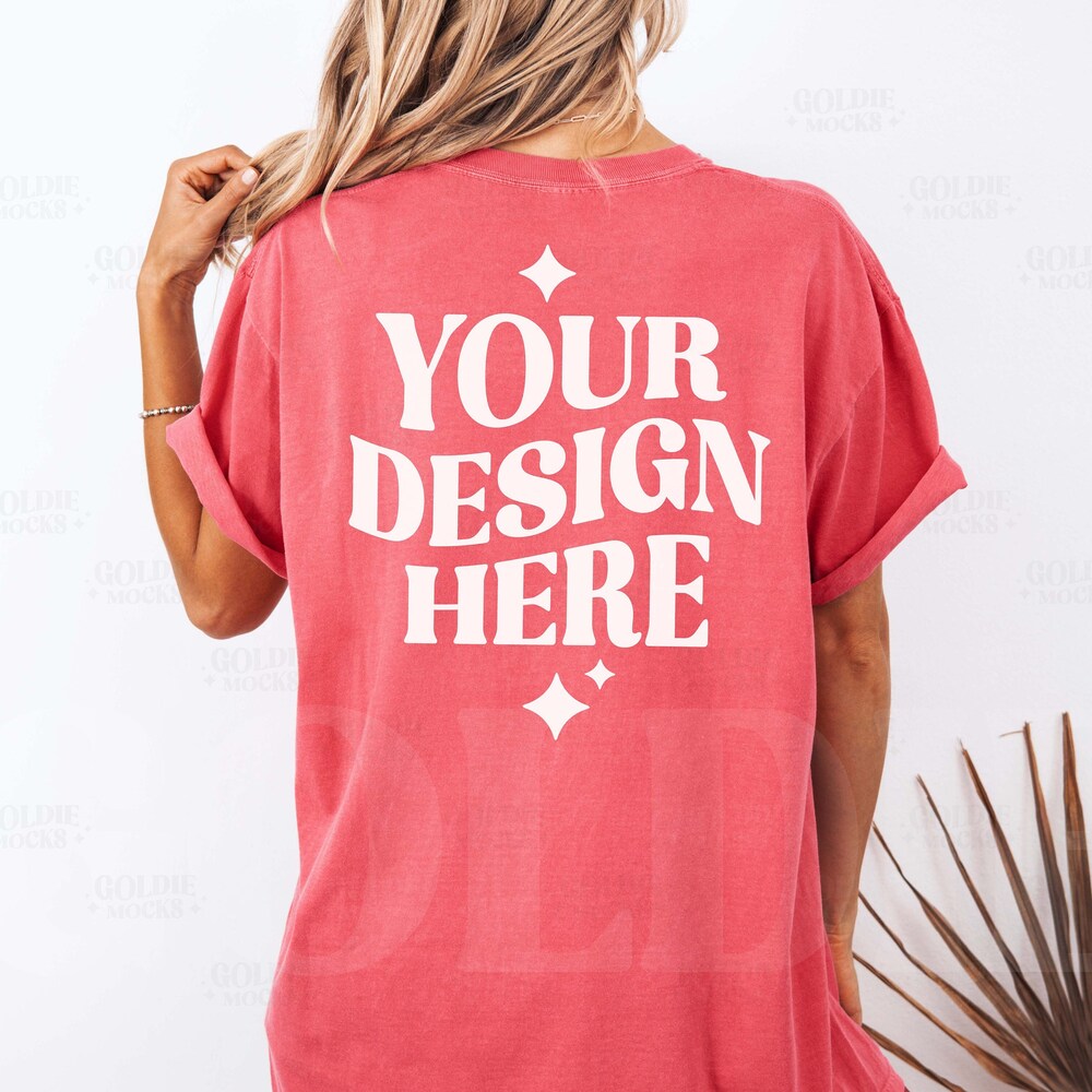 Comfort Colors C1717 Watermelon Shirt Back Mockup | Back Of 1717 Red T-Shirt Mock-Up | Real Model Mock | Minimal Long Untucked Tee Back View Moderndaydecors