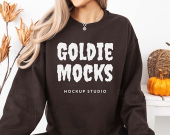 Gildan 18000 Dark Chocolate Sweatshirt Mockup | G180 Brown Crewneck Mockup | Real Model Mock | Casual Cozy Fall Trendy Halloween Sweater
