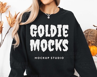 Gildan 18000 Black Sweatshirt Mockup | G180 Black Crewneck Fall Mockup | Real Model Mock | Casual Fall Trendy Halloween Aesthetic Sweater