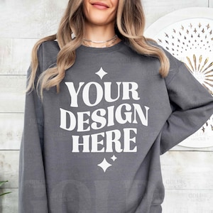 Gildan 18000 Charcoal Sweatshirt Mockup | G180 Grey Crewneck Mock-up | Real Model Mock | Gildan 180 Charcoal | Simple Casual Cozy Oversized