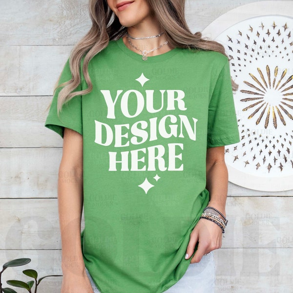 Bella Canvas 3001 Leaf Tshirt Mockup | 3001 Leaf Green T-shirt Mockup | Real Model Mock | Simple Neutral Minimal Green Bella Canvas Shirt