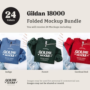 May include: A mockup bundle of 24 folded Gildan 18000 shirts in three colors: indigo, forest green, and cardinal red. Each shirt features a white logo with the text "Goldie Mocks" and "Mockup Studio".