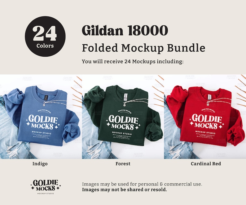 May include: A mockup bundle of 24 folded Gildan 18000 shirts in three colors: indigo, forest green, and cardinal red. Each shirt features a white logo with the text "Goldie Mocks" and "Mockup Studio".