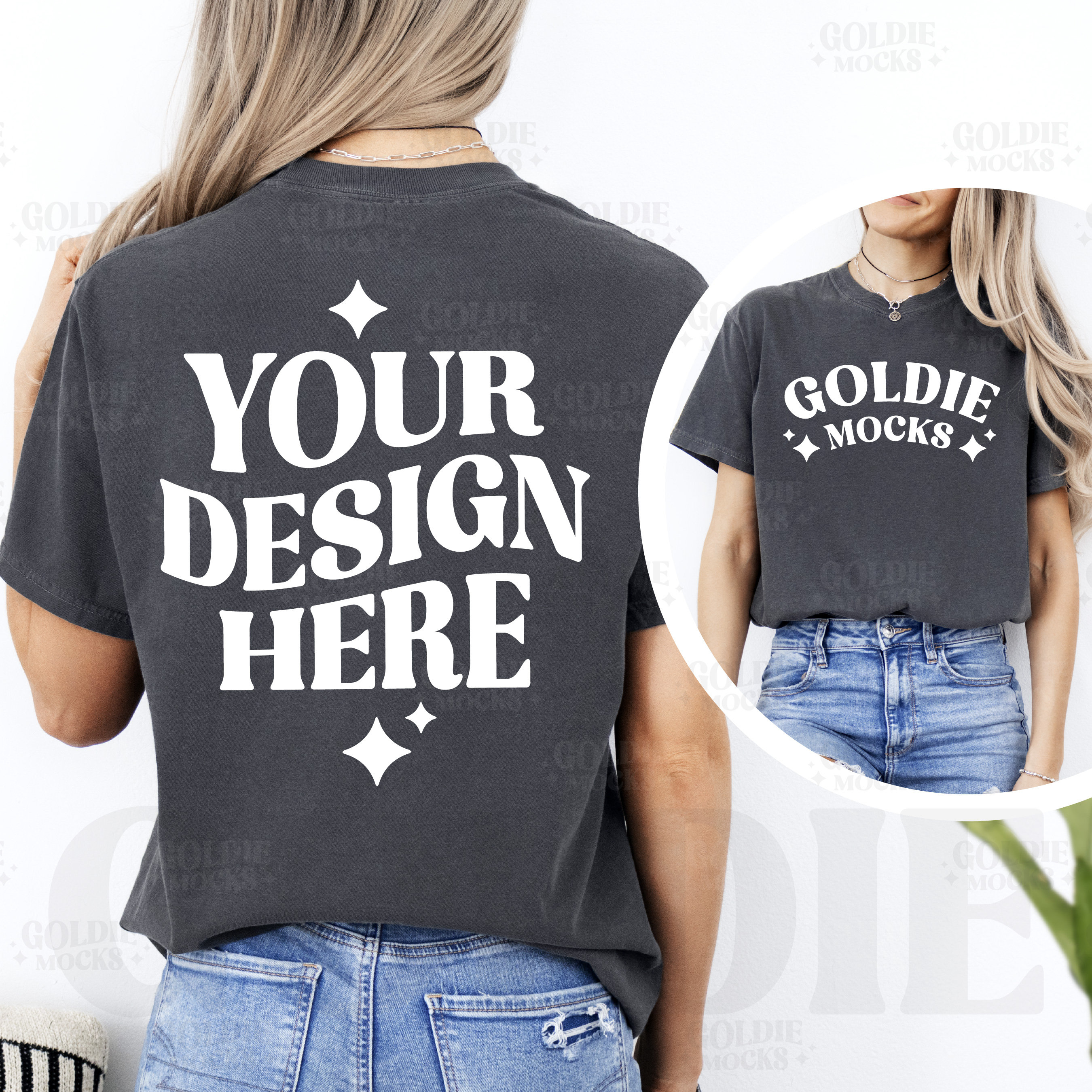 ⁠美品コラボALWAYS OUT OF STOCK ×Re:See Stock⁠ Comfort Colors C1717 Pepper Shirt Front & Back Mockup | 1717