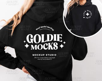 Gildan 18500 Black Hoodie Front & Back Mockup | G185 Black Hooded Sweatshirt Split Mock-up | Real Model Mock | Simple Minimal Dual Back View