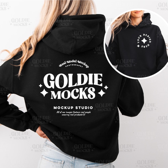 Gildan 18500 Black Hoodie Front & Back Mockup | G185 Black Hooded Sweatshirt Split Mock-up | Real Model Mock | Simple Minimal Dual Back View