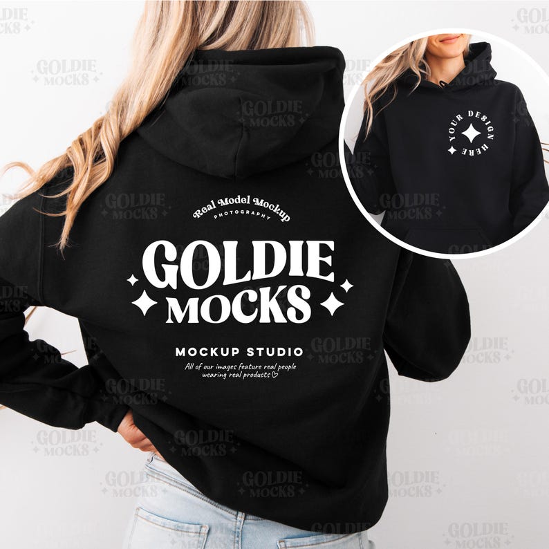Gildan 18500 Black Hoodie Front & Back Mockup | G185 Black Hooded Sweatshirt Split Mock-up | Real Model Mock | Simple Minimal Dual Back View image 1