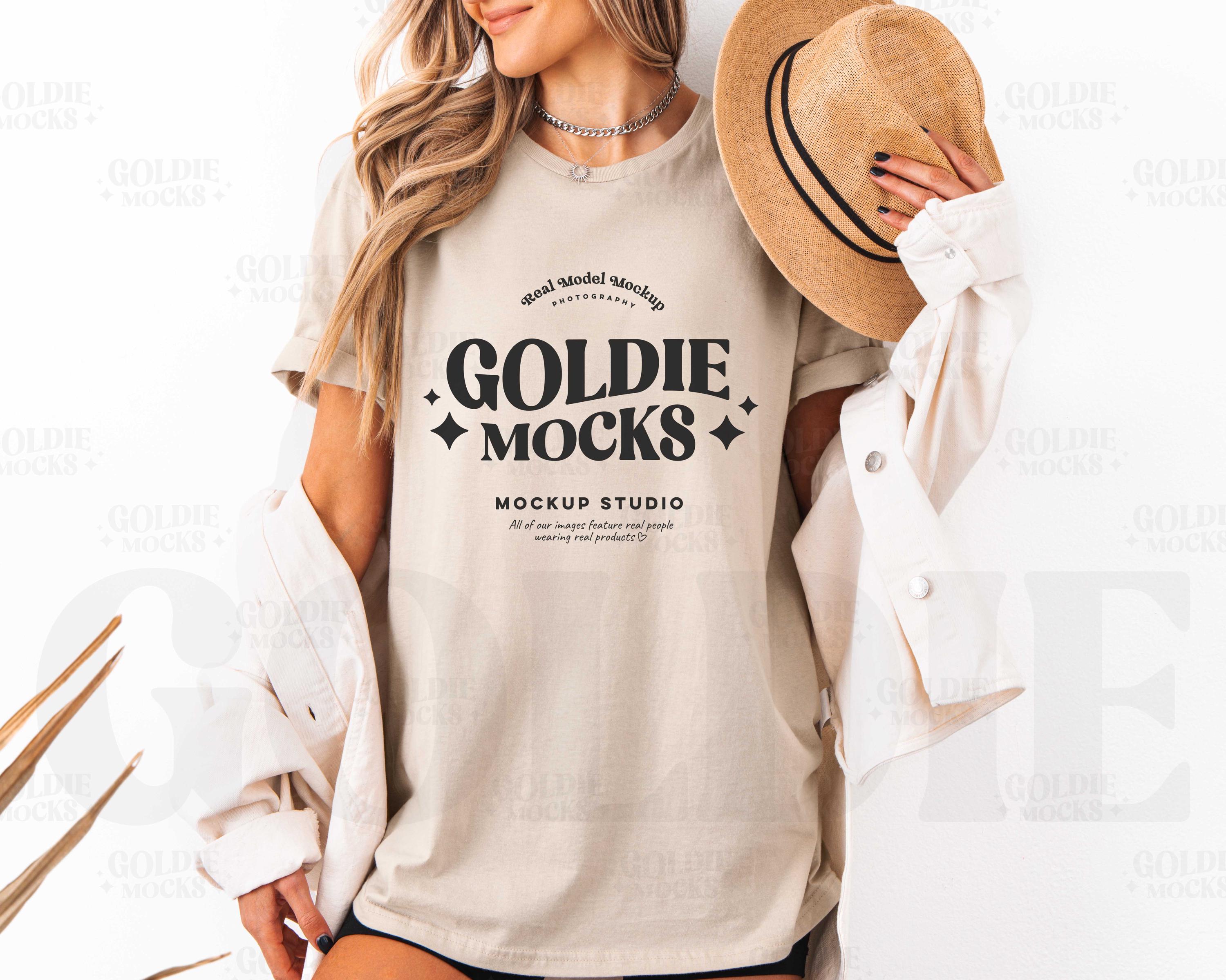 Gildan 64000 Sand Tshirt Mockup | Long G640 Tan Beige T-shirt Mock-up | Real Model Mock | Simple Styled Trendy Spring Summer Boho Aesthetic
