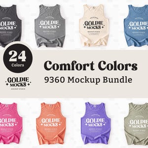 Puede incluir: Un paquete de maquetas de camisetas sin mangas en varios colores, incluyendo gris, beige y azul. Cada camiseta sin mangas presenta el texto "GOLDIE MOCKS" en blanco. La imagen también muestra el texto "Comfort Colors" y "9360 Mockup Bundle."