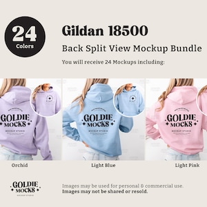 May include: A mockup bundle featuring Gildan 18500 hoodies in orchid, light blue, and light pink. The back of each hoodie displays the "GOLDIE MOCKS" logo. The image includes the text "24 Colors" and "Back Split View Mockup Bundle."