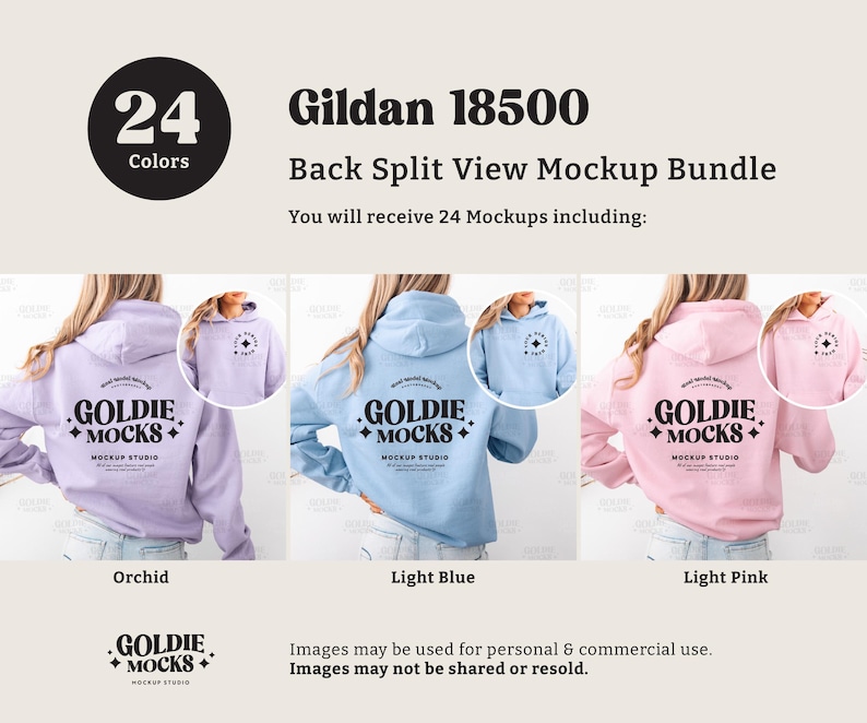 May include: A mockup bundle featuring Gildan 18500 hoodies in orchid, light blue, and light pink. The back of each hoodie displays the "GOLDIE MOCKS" logo. The image includes the text "24 Colors" and "Back Split View Mockup Bundle."