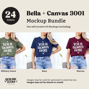 May include: A mockup bundle of 24 t-shirt designs featuring a woman wearing a green, navy, and maroon t-shirt with the text "YOUR DESIGN HERE" on each. The text "Bella + Canvas 3001 Mockup Bundle" is at the top of the image.
