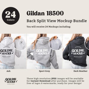 May include: A mockup bundle featuring Gildan 18500 hoodies in ash, sport grey, and dark heather. The image shows the back split view of the hoodies with the "GOLDIE MOCKS" logo. The bundle includes 24 colors and is available for instant download.