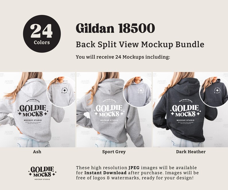 May include: A mockup bundle featuring Gildan 18500 hoodies in ash, sport grey, and dark heather. The image shows the back split view of the hoodies with the "GOLDIE MOCKS" logo. The bundle includes 24 colors and is available for instant download.