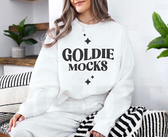 Gildan 18000 White Sweatshirt Mockup | G180 White Crewneck Mockup | Model Mock | Gildan 18000 White Sweater | Simple Natural Basic Cozy Vibe