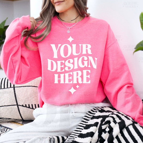 Gildan 18000 Safety Pink Sweatshirt Mockup | G180 Bright Pink Crewneck Mockup | Real Model Mock | Simple Cute Cozy Sweatpants Aesthetic Vibe