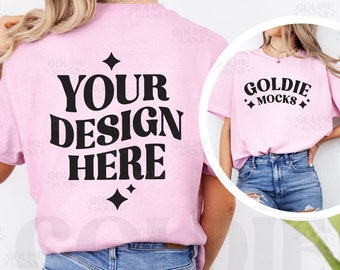 Maqueta de camiseta rosa claro Gildan 5000 delante y detrás / Maqueta de vista dividida delantera y trasera de camiseta rosa claro G500 / Maqueta de modelo real / Mínimo simple