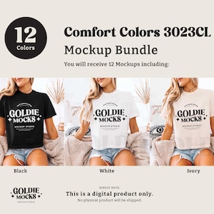 May include: Mockup bundle of 12 t-shirt designs in black, white, and ivory. The t-shirts feature the text "Goldie + Mocks" in a retro font.