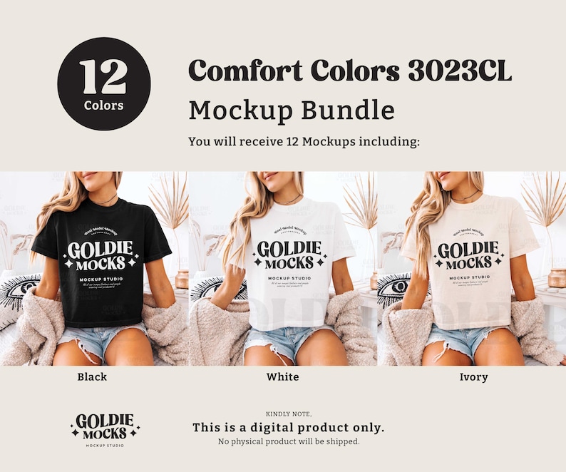 May include: Mockup bundle of 12 t-shirt designs in black, white, and ivory. The t-shirts feature the text "Goldie + Mocks" in a retro font.