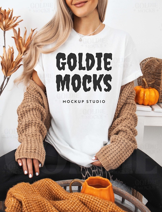 Gildan 5000 White Tshirt Mockup | G500 White T-shirt Fall Mockup | Real Model Mock | Casual Fall Styled Trendy Halloween Aesthetic Tshirt