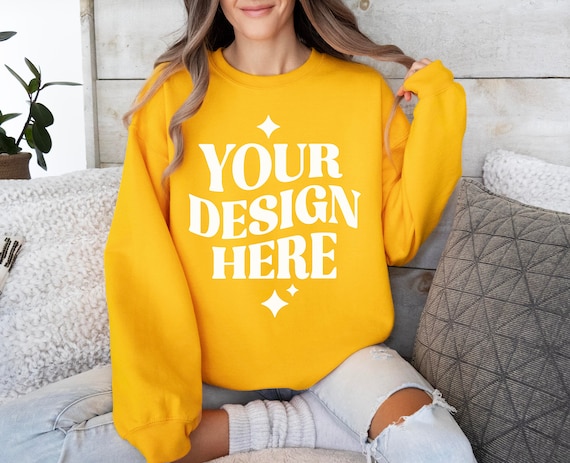 Gildan 18000 Gold Sweatshirt Mockup G180 Gold Yellow Crewneck Mockup Model Gildan Yellow Sweater Simple Minimal Easy Casual Mockup Etsy