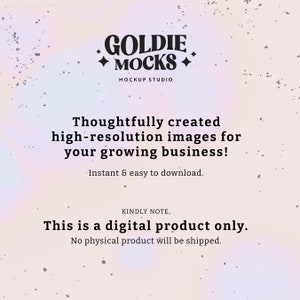 Puede incluir: Un estudio de maquetas de productos digitales llamado "Goldie Mocks" con un fondo rosa y morado. El texto "Thoughtfully created high-resolution images for your growing business!" se muestra debajo del nombre del estudio. El texto "Instant & easy to download." se muestra debajo del texto anterior. El texto "KINDLY NOTE, This is a digital product only. No physical product will be shipped." se muestra en la parte inferior de la imagen.
