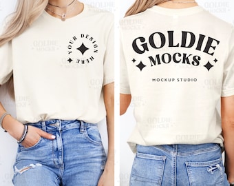 Bella Canvas 3001 Natural Tshirt Front & Back Mockup | BC 3001 Natural Shirt Front Back View Split Mock-up | Dual View Real Model Mock