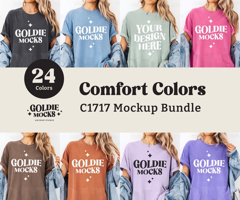 May include: A mockup bundle of 24 different colored t-shirts with the text "Goldie Mocks" and "Your Design Here" printed on them. The t-shirts are a variety of colors, including black, blue, green, pink, brown, orange, purple, and lavender. The t-shirts are all the same style, with a crew neck and short sleeves. The mockup bundle is called "Comfort Colors C1717 Mockup Bundle".