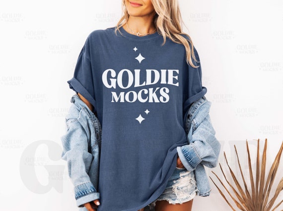 Comfort Colors C1717 Denim Shirt Mockup | CC 1717 Dark Blue T-shirt Mock-up | Real Model Mock | Simple Minimal Long Tshirt Dress Aesthetic