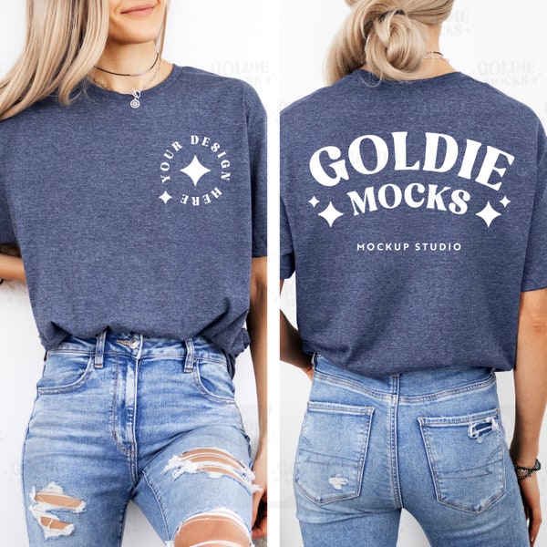 Gildan 64000 Heather Navy Tshirt Front & Back Mockup | G640 Navy T-shirt Front Back Mock-up | Real Model Mock | Split View Trendy Tee Shirt